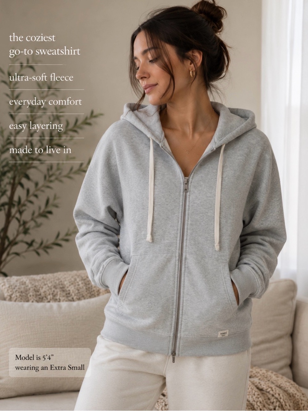 Vuori heavy weight thick Light Gray Zip Hoodie sweatshirt oversized XS